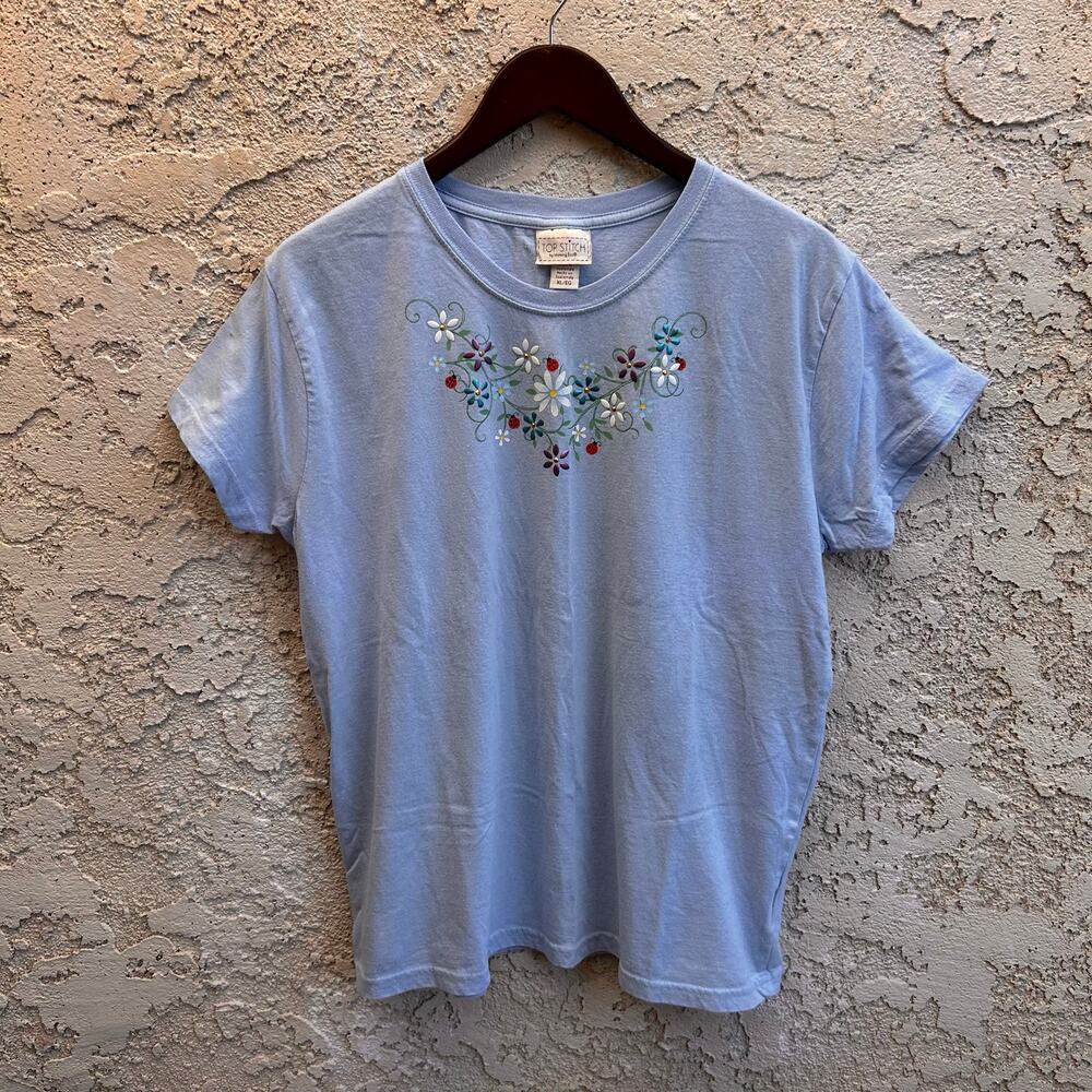 Vintage Top Stitch by Morning Sun Light Blue Ladybug & Floral T-Shirt XL